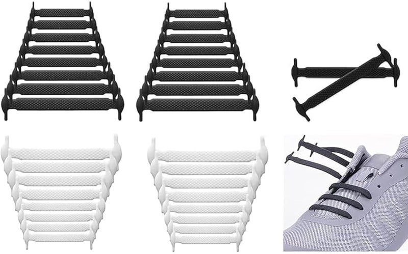 كيلا أربطة أحذية بدون عقدة للأطفال والكبار، أربطة مطاطية للأحذية الرياضية، أربطة أحذية مسطحة من السيليكون بدون عقدة لأحذية الجري (زوجان أسود وأبيض) - Image 1